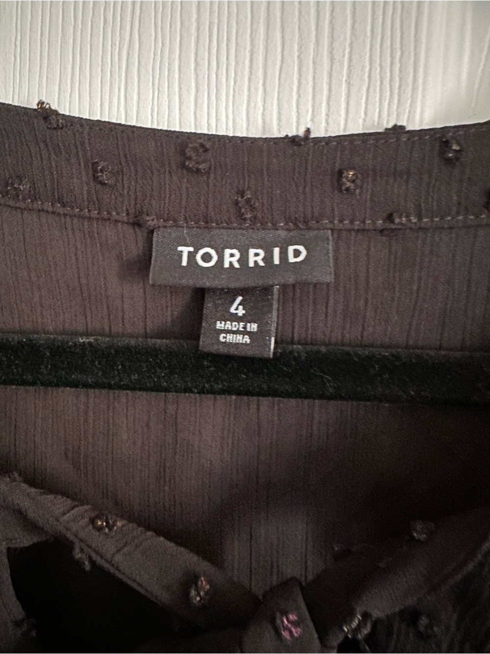 Size 4 Torrid Women’s Peasant Blouse Georgette Metallic Clip Dot Black Sheer Top - Picture 9 of 10